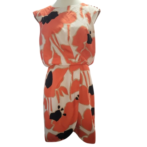 Jessica Simpson Orange Black white floral faux wrap tulip Dress sleeveless 6 - Picture 4 of 9
